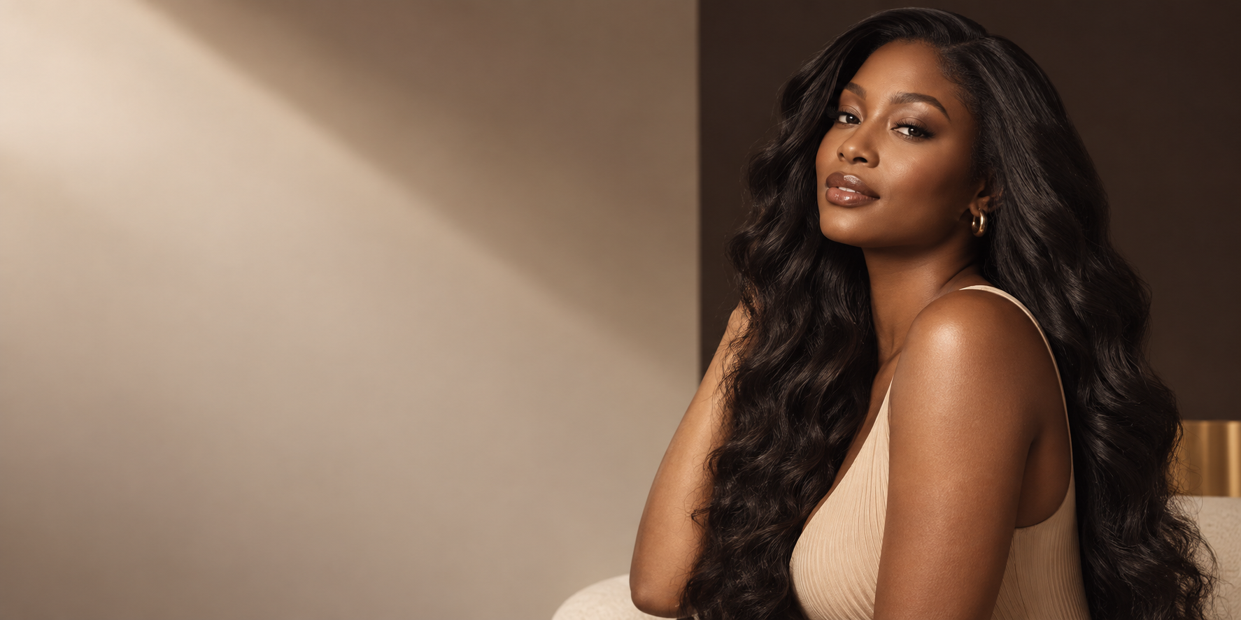 Woman with long glossy waves